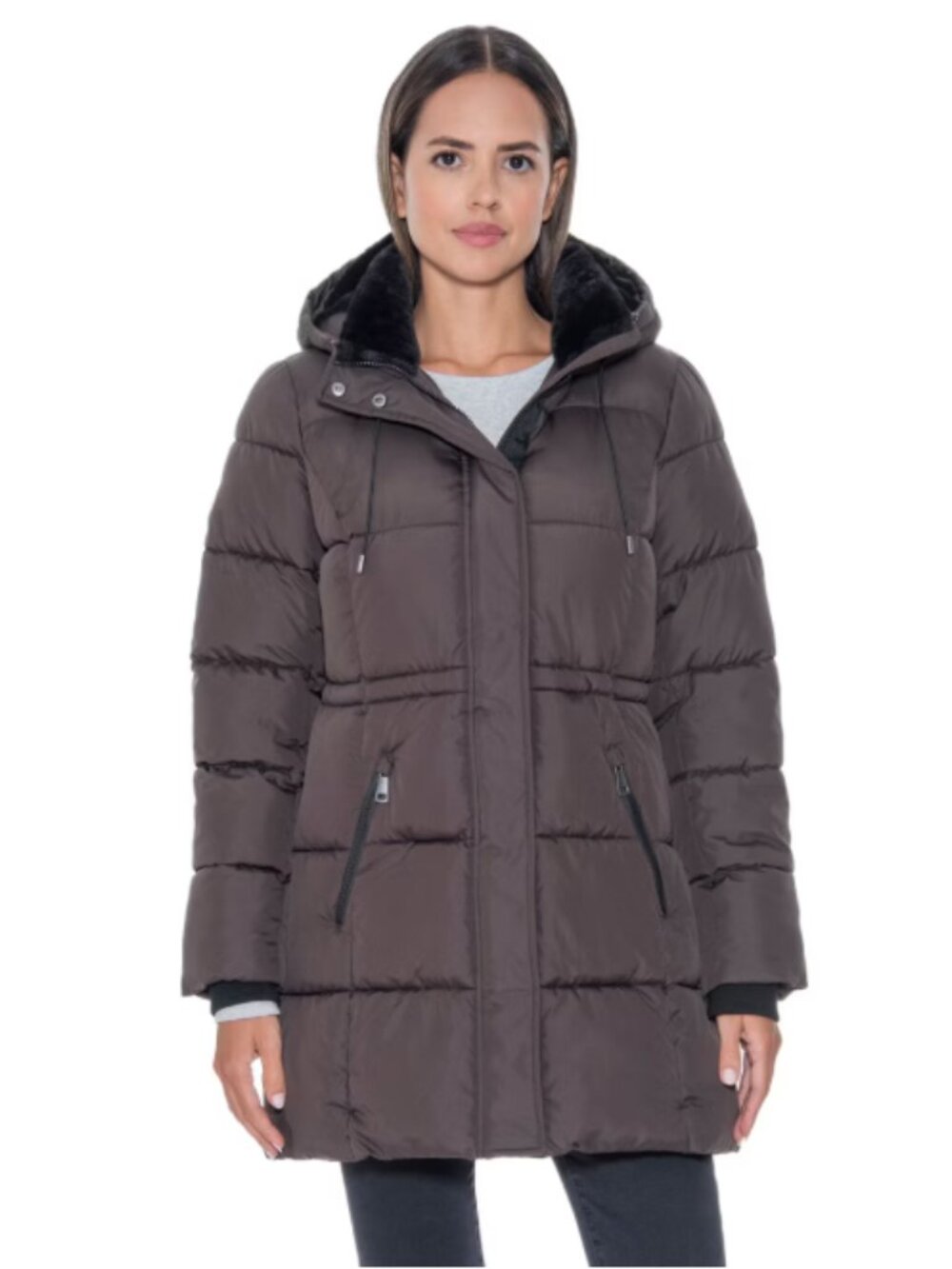 Women's 3/4 Puffer Coat with Cozy Faux Fur in Brown (S)